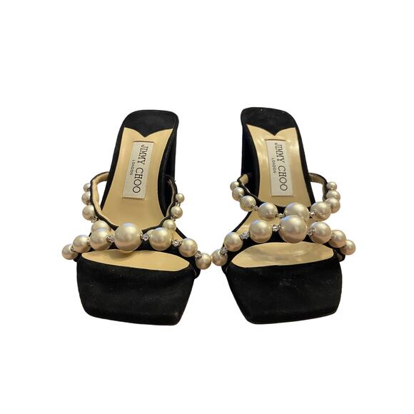 Jimmy Choo Amara 85 Faux Beads Pearl Embellished Sandals Block Heel Suede Sz 36 - Picture 6 of 14